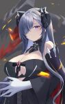  1girl absurdres august_von_parseval_(azur_lane) azur_lane bare_shoulders black_cape black_dress breasts cape cleavage_cutout clothing_cutout curled_horns dress from_above gloves highres horns large_breasts long_hair looking_at_viewer mechanical_dragon mechanical_horns purple_hair solo takeyonosato very_long_hair violet_eyes white_gloves 