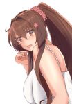  1girl alternate_costume bajitohfu bare_shoulders breasts brown_eyes brown_hair cherry_blossoms commentary cropped eyebrows_visible_through_hair highres kantai_collection large_breasts long_hair looking_at_viewer open_mouth ponytail simple_background solo tank_top white_tank_top yamato_(kancolle) 