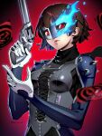  1girl armor black_scarf blue_fire brown_hair card closed_mouth datcravat eye_mask eyelashes fire flame gun highres holding holding_gun holding_weapon looking_at_viewer niijima_makoto persona persona_5 pink_lips red_eyes revolver scarf short_hair solo spikes twintails twitter_username weapon 