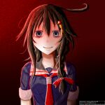  1girl blue_eyes brown_hair crazy_eyes gradient gradient_background horror_(theme) kantai_collection karafawa looking_at_viewer ponytail red_background red_neckwear shigure_(kancolle) smile upper_body what yandere 