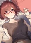  1boy 1girl 92m arm_grab blush breasts brown_hair glasses highres large_breasts looking_at_viewer midriff original parted_lips pink_eyes push_down red-framed_eyewear short_hair sweat visible_air 