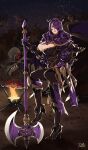  1girl absurdres armor axe breast_cutout breasts camilla_(fire_emblem) dragon fire fire_emblem fire_emblem_fates full_body hair_ornament hair_over_one_eye hand_on_hip high_heels highres holding holding_axe holding_weapon large_breasts long_hair looking_at_viewer night night_sky parted_lips planted planted_axe purple_hair r3dfive sky solo weapon 