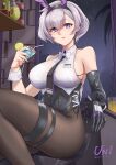  1girl absurdres animal_ears arm_rest artist_name azur_lane bangs bar bare_shoulders black_hairband black_legwear black_leotard black_neckwear bow bowtie breasts chinese_commentary collarbone collared_shirt commentary_request cowboy_shot crop_top cup dated drinking_straw elbow_gloves eyebrows_visible_through_hair fake_animal_ears gloves grey_hair groin hair_between_eyes hairband highres holding holding_cup id_card indoors large_breasts leotard leotard_under_clothes long_hair looking_at_viewer low_ponytail metal_gloves necktie night official_alternate_costume pantyhose parted_hair parted_lips partial_commentary playboy_bunny rabbit_ears reno_(azur_lane) reno_(reno_bunnino)_(azur_lane) see-through see-through_shirt shirt side-tie_leotard sideboob sidelocks single_elbow_glove sitting skindentation sleeveless sleeveless_shirt smile solo stool thigh_strap unique_(pixiv12704744) violet_eyes white_neckwear white_shirt window wrist_cuffs 