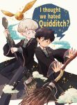  2boys albus_severus_potter amazou black_hair black_robe blonde_hair blue_eyes broom broom_riding golden_snitch green_eyes harry_potter harry_potter:_the_cursed_child hogwarts_school_uniform holding holding_broom multiple_boys necktie school_uniform scorpius_malfoy short_hair slytherin smile striped striped_neckwear 