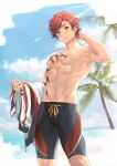  1boy abs absurdres beach blush chest_tattoo clouds day highres holding holding_clothes holding_jacket jacket jewelry kado_colda light_rays looking_at_viewer male_focus male_swimwear navel necklace nipples ocean orange_hair original outdoors redhead sky solo summer sunbeam sunlight tattoo toned toned_male water 