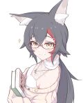  1girl animal_ear_fluff animal_ears bangs black_hair blush book brown_eyes brown_sweater closed_mouth commentary_request eyebrows_visible_through_hair glasses hair_between_eyes hair_ornament highres holding holding_book hololive long_hair long_sleeves looking_at_viewer looking_to_the_side multicolored_hair off_shoulder official_alternate_costume ookami_mio redhead shirt simple_background sleeveless sleeveless_shirt smile solo sparkle streaked_hair sweater uchukurage_san virtual_youtuber white_background white_shirt wolf_ears wolf_girl 