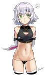  1girl absurdres arms_behind_back bare_shoulders black_legwear black_panties breasts cleavage_cutout clothing_cutout covered_nipples fate/apocrypha fate/grand_order fate_(series) green_eyes grey_hair highres jack_the_ripper_(fate/apocrypha) looking_at_viewer mr.thunderigor navel panties scar scar_across_eye signature simple_background small_breasts solo standing thigh-highs underwear white_background 