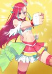  1girl absurdres aqua_hair cure_flamingo fingerless_gloves gloves gradient gradient_background hair_between_eyes hair_ornament highres huai_diao_de_zongzi looking_at_viewer magical_girl midriff multicolored_hair navel precure red_skirt redhead skirt solo takizawa_asuka thigh-highs thighs tropical-rouge!_precure two-tone_hair violet_eyes white_legwear yellow_background 
