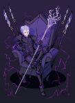  absurdres apoloniodraws armor chair crossed_legs electricity highres original polearm smile spear violet_eyes weapon white_hair 