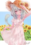  1girl alternate_costume animal_ear_fluff animal_ears armpits arms_up bare_arms blush cat_ears cat_tail closed_mouth dress ear_ribbon field flower flower_field green_hair hair_ornament hat hat_flower hololive looking_at_viewer low_twintails moizumi_shipon red_eyes scrunchie see-through_silhouette short_dress short_hair short_sleeves short_twintails signature skirt_hold skull_hair_ornament smile solo straw_hat sun_hat sunflower tail twintails uruha_rushia virtual_youtuber white_dress 