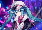  1girl absurdres aqua_eyes aqua_hair black_coat black_neckwear blurry blurry_background buttons city coat commentary double-breasted eighth_note expressionless feng_mao_mc fur-trimmed_coat fur_trim hair_ribbon hat hatsune_miku highres jacket light_blush looking_at_viewer military military_uniform musical_note naval_uniform necktie neon_lights night red_ribbon red_shirt ribbon sailor_hat shirt snowflakes solo standing twintails uniform upper_body vocaloid white_headwear white_jacket yuki_miku yuki_miku_(2022) 