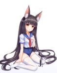  1girl :o alternate_costume animal_ear_fluff animal_ears azur_lane black_hair blue_sailor_collar blue_swimsuit collarbone collared_shirt eyebrows_visible_through_hair fox_ears full_body highres hime_cut koiaya201352 long_hair looking_at_viewer nagato_(azur_lane) old_school_swimsuit one-piece_swimsuit red_neckwear sailor_collar sailor_shirt school_swimsuit school_uniform serafuku shadow shirt short_sleeves simple_background sitting solo swimsuit swimsuit_under_clothes thigh-highs very_long_hair wariza white_background white_legwear yellow_eyes 
