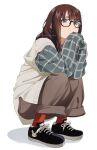  1girl artist_name brown_eyes brown_hair cardigan_vest glasses long_hair mattaku_mousuke original oversized_clothes pants shirt shoes sleeves_past_fingers sleeves_past_wrists sneakers solo squatting watermark 