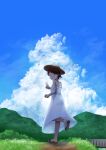  1girl absurdres blue_sky brown_eyes brown_hair clouds commentary_request day dress from_behind hat highres hunehoura kantai_collection looking_at_viewer looking_back mountain outdoors ponytail sandals shikinami_(kancolle) short_hair sky solo sun_hat sundress v white_dress 