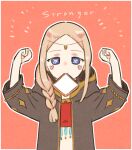  1girl arms_up blonde_hair blue_eyes blush_stickers braid braided_ponytail bread_slice eating english_text food_in_mouth hair_over_shoulder heart hood hood_down lilim_(megido72) long_hair long_sleeves looking_at_viewer megido72 mouth_hold outline qwertyuiop12314 red_background solo upper_body white_outline 
