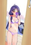  1girl ahoge arm_behind_back blush boh_stick bra breasts brown_eyes cellphone closed_mouth collarbone embarrassed hair_ornament hair_over_shoulder hairclip highres holding holding_phone kneeling long_hair low_twintails panties phone precure print_bra print_panties purple_bra purple_hair purple_panties selfie shiny shiny_hair shiny_skin small_breasts smartphone smile solo suzumura_sango tropical-rouge!_precure twintails underwear underwear_only white_legwear x_hair_ornament 