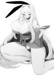 1girl absurdres alcohol animal_ears barefoot blush breasts collarbone cup drunk eyebrows_visible_through_hair fake_animal_ears greyscale highres holding holding_cup large_breasts long_hair long_sleeves mole mole_under_eye monochrome open_mouth original panties rabbit_(wlsdnjs950) rabbit_ears sakazuki sake simple_background skindentation smile solo underwear very_long_hair white_background wide_sleeves 