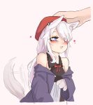 1girl 2poet 9a-91_(girls_frontline) animal_ear_fluff animal_ears animal_hands bare_shoulders blue_eyes blue_jacket blush girls_frontline grey_background hat headpat heart jacket off_shoulder open_mouth red_headwear simple_background solo_focus tail tail_wagging upper_body wide_sleeves 