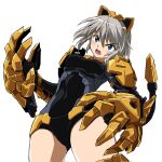  1girl 30_minutes_sisters animal_ears bangs blue_eyes blush breasts cat_ears covered_navel fake_animal_ears grey_hair head_tilt highres kumichou_(ef65-1118-ef81-95) mecha_musume mechanical_ears mechanical_tail medium_breasts open_hands open_mouth rishetta_(30ms) short_hair solo tail v-shaped_eyebrows 