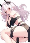  1girl arknights arm_up ass bangs bare_shoulders black_panties commentary_request curled_horns eyebrows_behind_hair feet_out_of_frame grey_hair hand_up highres horns long_hair looking_at_viewer lying mizu_(lzzrwi603) mudrock_(arknights) on_side panties parted_lips pointy_ears red_eyes see-through simple_background solo underbust underwear white_background 