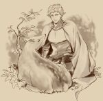  1boy animal armor black_gloves brown_theme cape elion_the_king_of_spirits gloves male_focus monochrome outdoors pixiv_fantasia pixiv_fantasia_last_saga pointy_ears reshi3310 short_hair sitting 