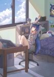  1girl absurdres bangs bed bedroom bloop_(gawr_gura) box chair clouds computer drawing_tablet flower flowerpot gen_2_pokemon highres hollow_knight hololive hololive_english hood hoodie long_hair multicolored_hair ninomae_ina&#039;nis nintendo_switch office_chair pichu plant pointy_ears pokemon portrait_(object) potted_plant pugo purple_flower purple_hair sky stretch tako_(ninomae_ina&#039;nis) tissue_box virtual_youtuber window 