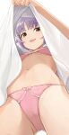  1girl bikini breasts eyebrows_visible_through_hair from_below hair_ornament hairclip highres hiroki_(yyqw7151) idolmaster idolmaster_cinderella_girls koshimizu_sachiko lifted_by_self looking_at_viewer navel open_mouth pink_bikini purple_hair shirt short_hair simple_background small_breasts smile solo swimsuit thighs white_background 