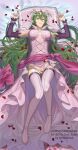  1girl boots breasts detached_sleeves fire_emblem fire_emblem:_mystery_of_the_emblem green_eyes green_hair hair_between_eyes hair_ornament highres large_breasts long_hair looking_at_viewer lying maze_draws nagi_(fire_emblem) on_back on_bed petals pillow pointy_ears see-through smile solo thigh-highs thigh_boots very_long_hair 