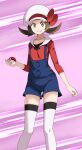  1girl blue_overalls brown_eyes brown_hair closed_mouth commentary_request hat highres holding holding_poke_ball looking_at_viewer lyra_(pokemon) overalls pink_background poke_ball poke_ball_(basic) pokemon pokemon_(game) pokemon_hgss red_shirt shirt short_twintails smile solo standing thigh-highs tsukishiro_saika twintails white_headwear white_legwear 