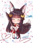  1girl ^_^ animal_ear_fluff animal_ears azur_lane bangs bare_shoulders black_hair blunt_bangs chibi closed_eyes closed_mouth collarbone commentary_request dress facing_viewer fox_ears fox_girl fox_tail full_body hair_ornament heart holding holding_stylus kneehighs long_hair long_sleeves m_ko_(maxft2) nagato_(azur_lane) oekaki_musume pleated_dress red_dress red_footwear shoes smile solo standing starry_background stylus tail very_long_hair white_background white_legwear wide_sleeves 