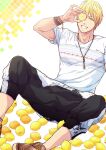  1boy black_pants blonde_hair bracelet brown_footwear food fruit fruit_background holding holding_food holding_fruit jewelry kise_ryouta kuroko_no_basuke lemon looking_at_viewer male_focus necklace pants shirt shoes short_hair sitting smile solo teeth white_shirt yellow_eyes zawar379 