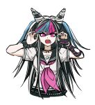  1girl black_hair blue_hair dangan_ronpa_(series) dangan_ronpa_2:_goodbye_despair ear_piercing hair_horns highres jewelry long_hair mioda_ibuki multicolored_hair necklace no_(xpxz7347) open_mouth piercing pink_eyes pink_hair school_uniform serafuku white_background white_hair 