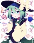  1girl animal_ears bangs bow bright_pupils cat_ears cowboy_shot floral_print frilled_sleeves frills green_eyes green_hair green_skirt hat hat_bow heart heart_background heart_of_string highres komeiji_koishi long_sleeves looking_at_viewer open_mouth rose_print shirt short_hair skirt solo standing third_eye touhou white_background white_pupils wide_sleeves yellow_bow yellow_shirt you_(noanoamoemoe) 