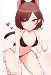  1girl absurdres animal_ears bangs bare_arms bare_legs bare_shoulders barefoot bed_sheet bikini black_bikini breasts brown_hair cat_ears cat_girl cat_tail choumi_wuti_(xueye_fanmang_zhong) closed_mouth eyebrows_visible_through_hair hair_ornament hairclip hand_up highres higuchi_madoka idolmaster idolmaster_shiny_colors kemonomimi_mode looking_away looking_to_the_side mole mole_under_eye navel seiza sitting small_breasts solo sweat swept_bangs swimsuit tail violet_eyes 