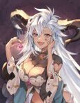 1girl breasts cleavage_cutout clothing_cutout dark_skin detached_sleeves dragon_girl dragon_horns earrings fangs fediel_(granblue_fantasy) granblue_fantasy hair_ornament hand_on_own_face horns jewelry large_breasts long_hair messy_hair nail_polish open_mouth shiromimin silver_hair skull_hair_ornament smile solo sparkle very_long_hair violet_eyes wide_sleeves 