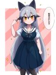  1girl animal_ears aramaru bangs black_hair black_legwear blue_dress blue_neckwear border bow bowtie casual closed_mouth commentary diagonal_stripes dress eyebrows_visible_through_hair fox_ears fox_tail highres kemono_friends long_hair looking_at_viewer medium_dress multicolored_hair orange_eyes outside_border pantyhose pink_background sailor_collar short_sleeves silver_fox_(kemono_friends) silver_hair smile solo sparkle standing striped tail translated very_long_hair white_border 