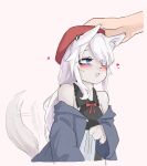  1girl 2poet 9a-91_(girls_frontline) animal_ear_fluff animal_ears bare_shoulders blue_eyes blue_jacket blush furry girls_frontline grey_background hat headpat heart jacket off_shoulder open_mouth red_headwear simple_background solo_focus tail tail_wagging upper_body wide_sleeves 