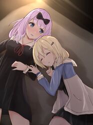  2girls black_bow black_dress blonde_hair blue_eyes blush bow dress fujiwara_chika ge_terapin hair_bow hair_ornament hayasaka_ai hood hooded_jacket jacket kaguya-sama_wa_kokurasetai_~tensai-tachi_no_renai_zunousen~ long_sleeves lying medium_hair multiple_girls on_back on_side pink_hair red_ribbon ribbon school_uniform 