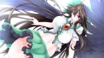  1girl bangs bird_wings black_hair black_wings bow breasts button_gap eyebrows_visible_through_hair frilled_skirt frills g_(genesis1556) green_bow green_skirt hair_bow highres huge_breasts long_hair looking_at_viewer navel open_mouth reiuji_utsuho shirt short_sleeves skirt solo third_eye touhou very_long_hair white_shirt wings 