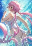  1girl ass back blush breasts eyebrows_visible_through_hair eyes_visible_through_hair furrowed_brow highleg highleg_swimsuit highres large_breasts long_hair looking_back low_twintails mole mole_on_breast one-piece_swimsuit original pink_hair solar_(happymonk) solo swimsuit twintails very_long_hair water wet white_swimsuit yellow_eyes 