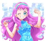 1girl blue_dress blue_eyes blue_hairband breasts dress floating_hair grin hairband hanzou highres holding laura_la_mer long_hair medium_breasts one_eye_closed pink_hair precure shiny shiny_hair sleeveless sleeveless_dress smile solo tropical-rouge!_precure upper_body very_long_hair