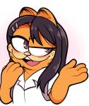  :d black_hair blush brown_eyes english_commentary fusion garfield garfield_(character) hair_ornament hairclip ijiranaide_nagatoro-san long_hair moozua nagatoro_hayase open_mouth orange_fur shirt smile solo white_shirt 