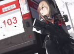 1girl :o ambulance black_gloves black_jacket black_legwear black_scarf black_skirt blonde_hair car eyebrows_visible_through_hair girls_frontline gloves ground_vehicle hair_ornament hinami047 holding holding_weapon jacket long_hair looking_away looking_up m4_sopmod_ii m4_sopmod_ii_(girls&#039;_frontline) motor_vehicle multicolored_hair open_mouth pantyhose red_eyes russia scarf scenery sitting skirt solo weapon 