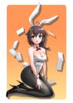  1girl ahoge alternate_costume animal_ears black_footwear black_hair black_legwear blue_eyes braid breasts detached_collar fake_animal_ears fake_tail gouta_(nagishiro6624) gradient gradient_background hair_flaps hair_ornament high_heels highleg highleg_leotard highres kantai_collection leotard orange_background pantyhose playboy_bunny rabbit_ears rabbit_tail remodel_(kantai_collection) shigure_(kancolle) single_braid small_breasts solo strapless strapless_leotard tail white_leotard wrist_cuffs 