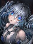  1girl bangs blue_eyes breasts choker crying crying_with_eyes_open eyebrows_visible_through_hair grey_hair highres kajaneko long_hair looking_at_viewer open_clothes original sleeveless small_breasts solo tears twintails upper_body 