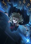  1boy :d black_gloves black_jacket black_pants blonde_hair blurry blurry_background collared_shirt floating_hair from_above gloves half_gloves highres holding holding_sword holding_weapon jacket jacket_on_shoulders katana kimetsu_no_yaiba long_hair looking_at_viewer looking_up male_focus multicolored_hair necktie night open_mouth orange_hair pants red_eyes red_neckwear remsor076 rengoku_kyoujurou shirt smile solo sword two-tone_hair weapon white_shirt wing_collar 