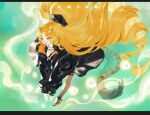  1girl animal_ears arknights big_hair black_headwear black_jacket blonde_hair boots character_name eyebrows_visible_through_hair highres jacket long_hair long_sleeves open_mouth solo swire_(arknights) tail tail_ornament tail_ring tiger_ears tiger_girl tiger_tail very_long_hair weirui233 
