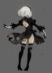  1girl black_dress black_hairband black_legwear boots dress gloves hairband high_heel_boots high_heels highres imigimuru nier_(series) nier_automata puffy_sleeves short_hair silver_hair simple_background solo thigh-highs thigh_boots thighhighs_under_boots yorha_no._2_type_b 