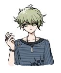  1boy amami_rantarou bangs cropped_torso dangan_ronpa_(series) dangan_ronpa_v3:_killing_harmony green_eyes green_hair highres jewelry looking_at_viewer male_focus necklace no_(xpxz7347) shirt short_hair simple_background solo striped striped_shirt upper_body white_background 
