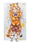  1girl absurdres animal_ears animal_print arm_behind_back blonde_hair blue_neckwear bow bowtie collared_shirt commentary_request cowboy_shot curly_hair drill_hair eyebrows_visible_through_hair forehead garter_straps golden_tabby_tiger_(kemono_friends) highres jacket japari_symbol kemono_friends long_hair long_sleeves looking_at_viewer plaid plaid_skirt plaid_trim pleated_skirt print_legwear shirt skirt solo tail tanabe_(fueisei) thigh-highs tiger_ears tiger_girl tiger_print tiger_tail twin_drills white_hair white_shirt yellow_eyes yellow_jacket yellow_skirt zettai_ryouiki 